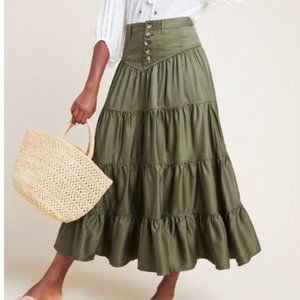 Anthropologie Maeve Tiered Dark Green Maxi Skirt